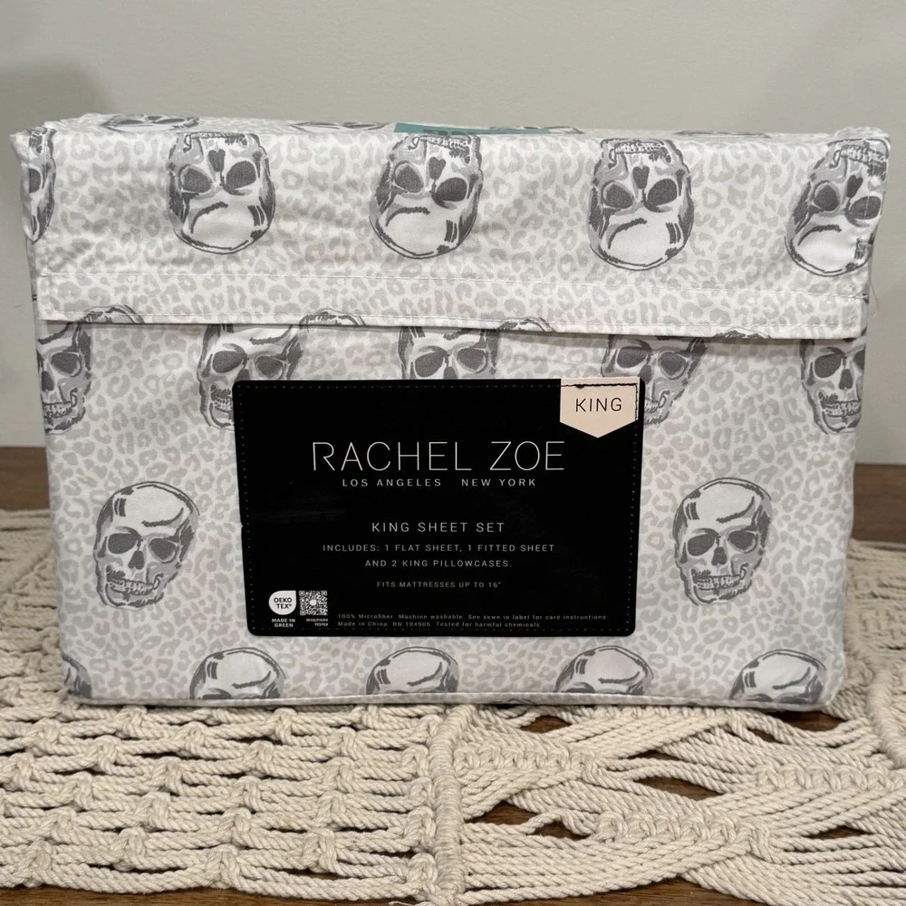 Rachel Zoe Skull King Size Sheet Set Leopard Cheetah Halloween Print Gray NEW